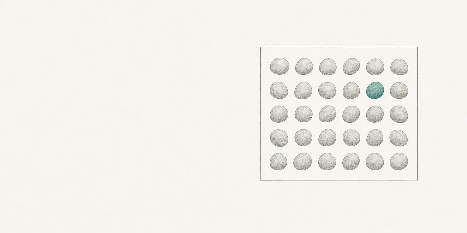 A shallow tray of neatly arranged gray pebbles, one of them teal